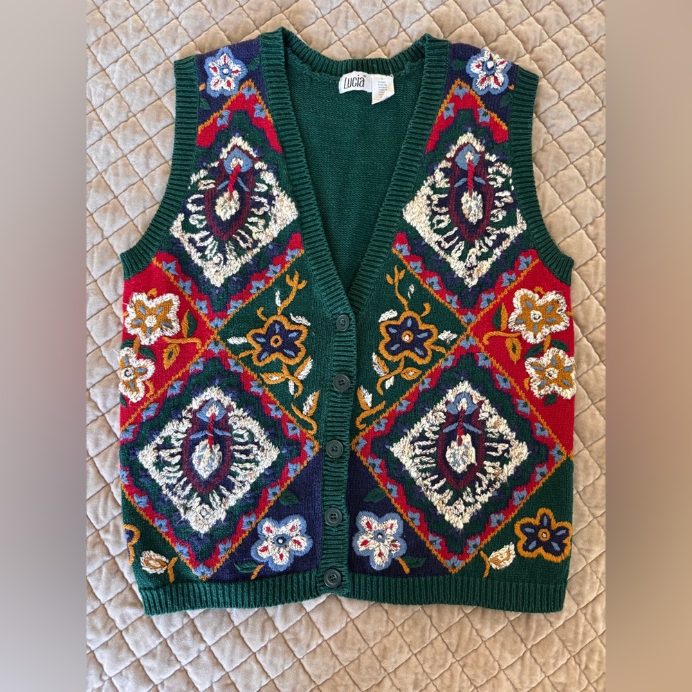 Vintage Style Lucia Floral Knit Sweater‎ Vest Boho Cottagecore L
